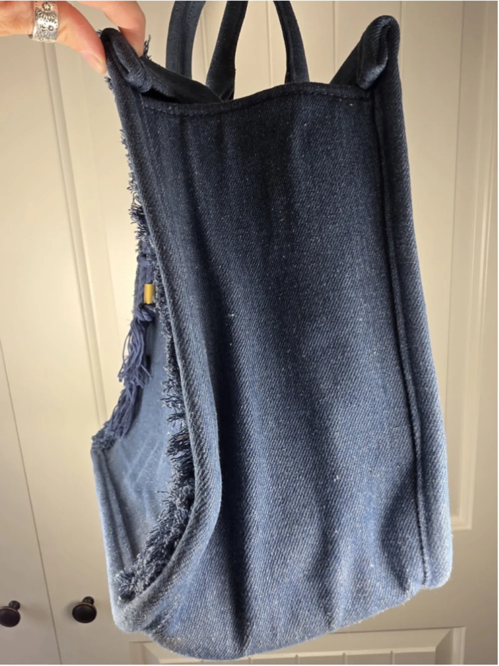 Vince Camuto Orla Denim Tote Bag Blue Fringe Tassel Large Boho Handbag